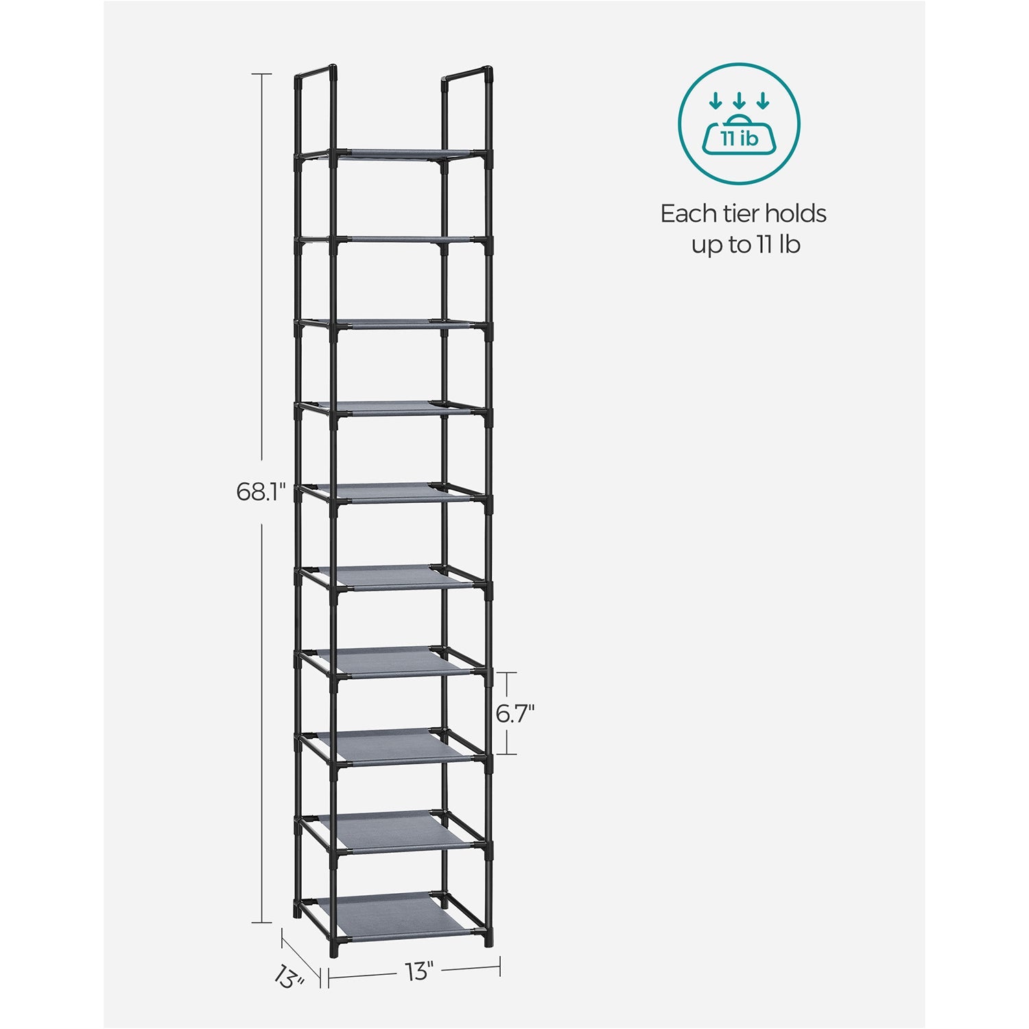 10-Tier Shoe Shelf with Metal Frame