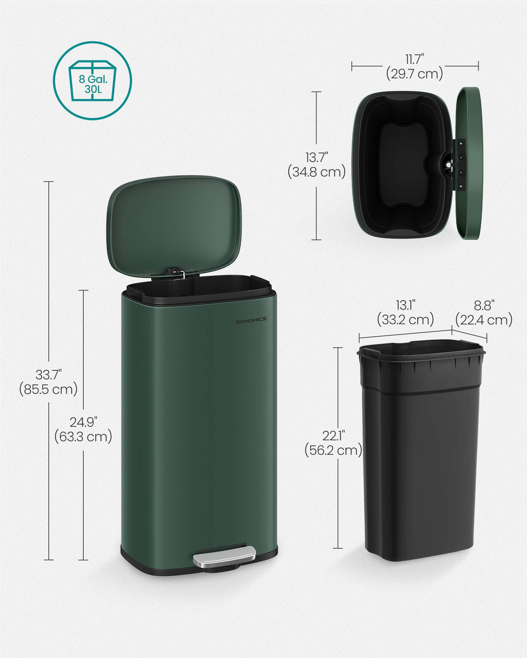 8- Gallon Silver Step-Open Trash Can with Plastic Inner Bucket