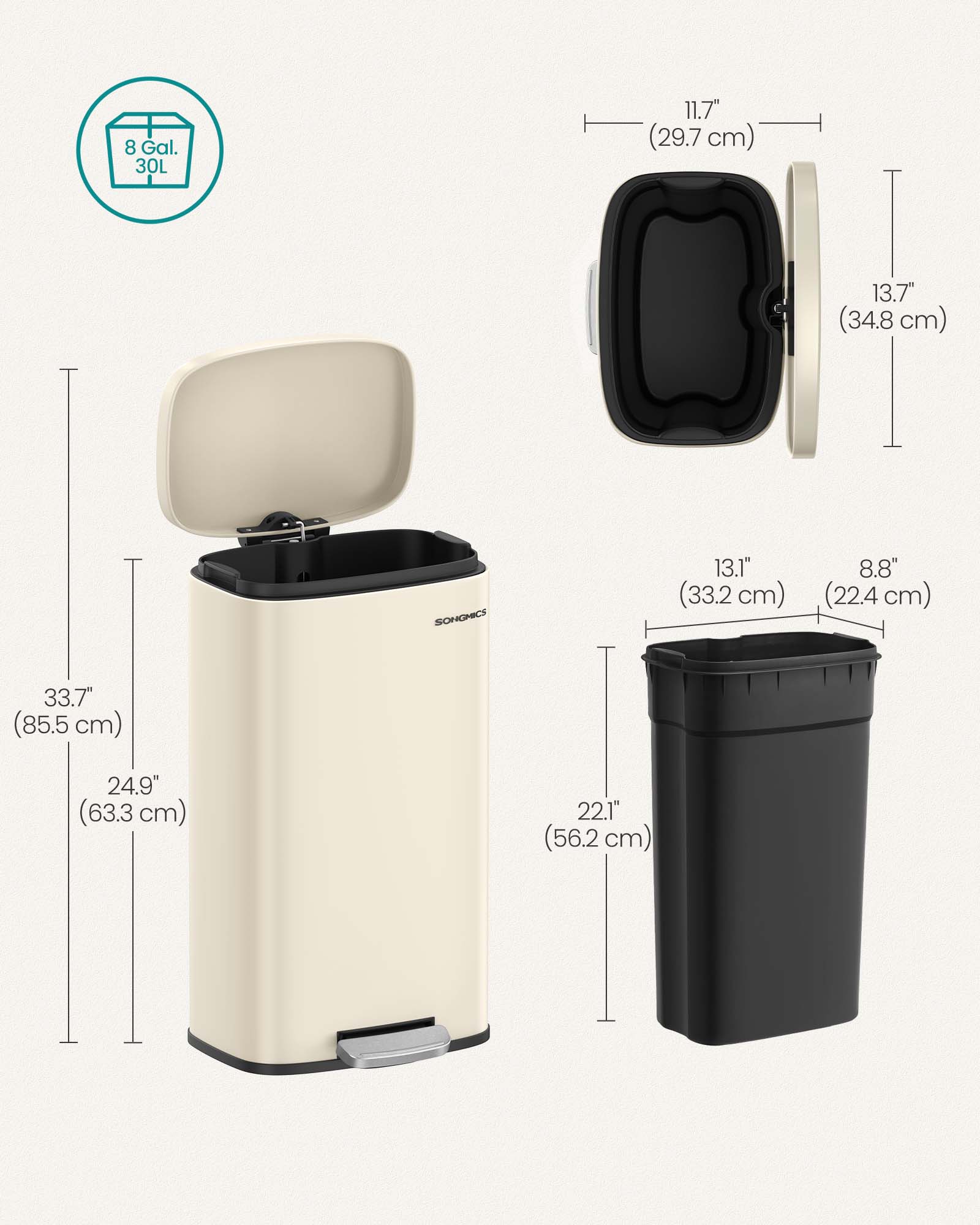 8- Gallon Silver Step-Open Trash Can with Plastic Inner Bucket