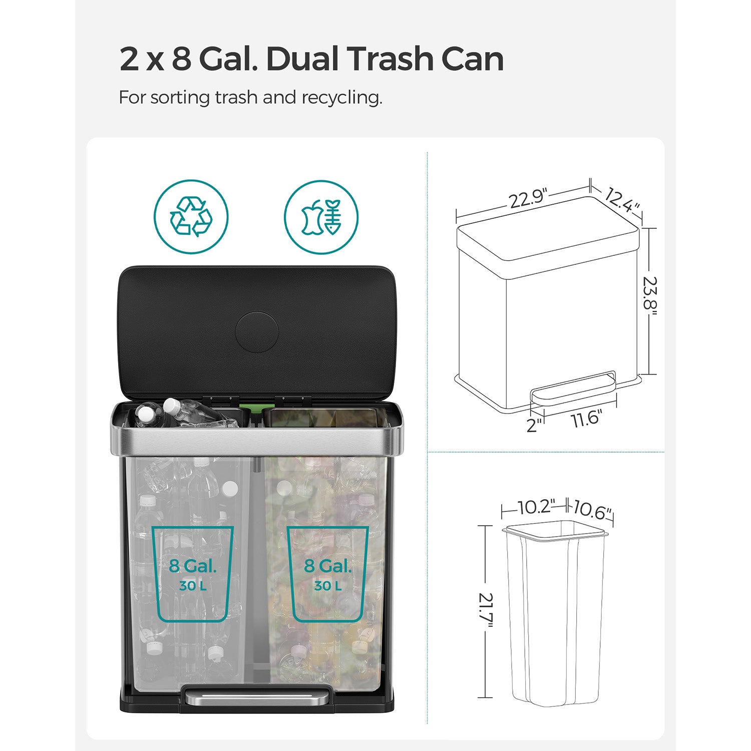 16 Gallon(2 x 8 Gallon) Dual Compartment Garbage Can Silver