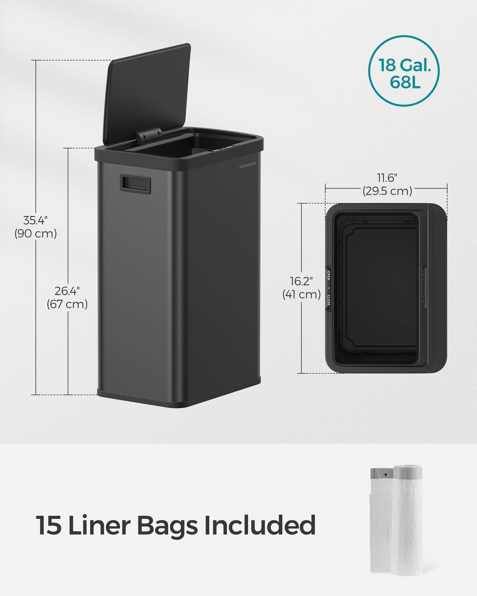 18-Gallon (68L) Automatic Kitchen Garbage Can with Stay-Open Lid