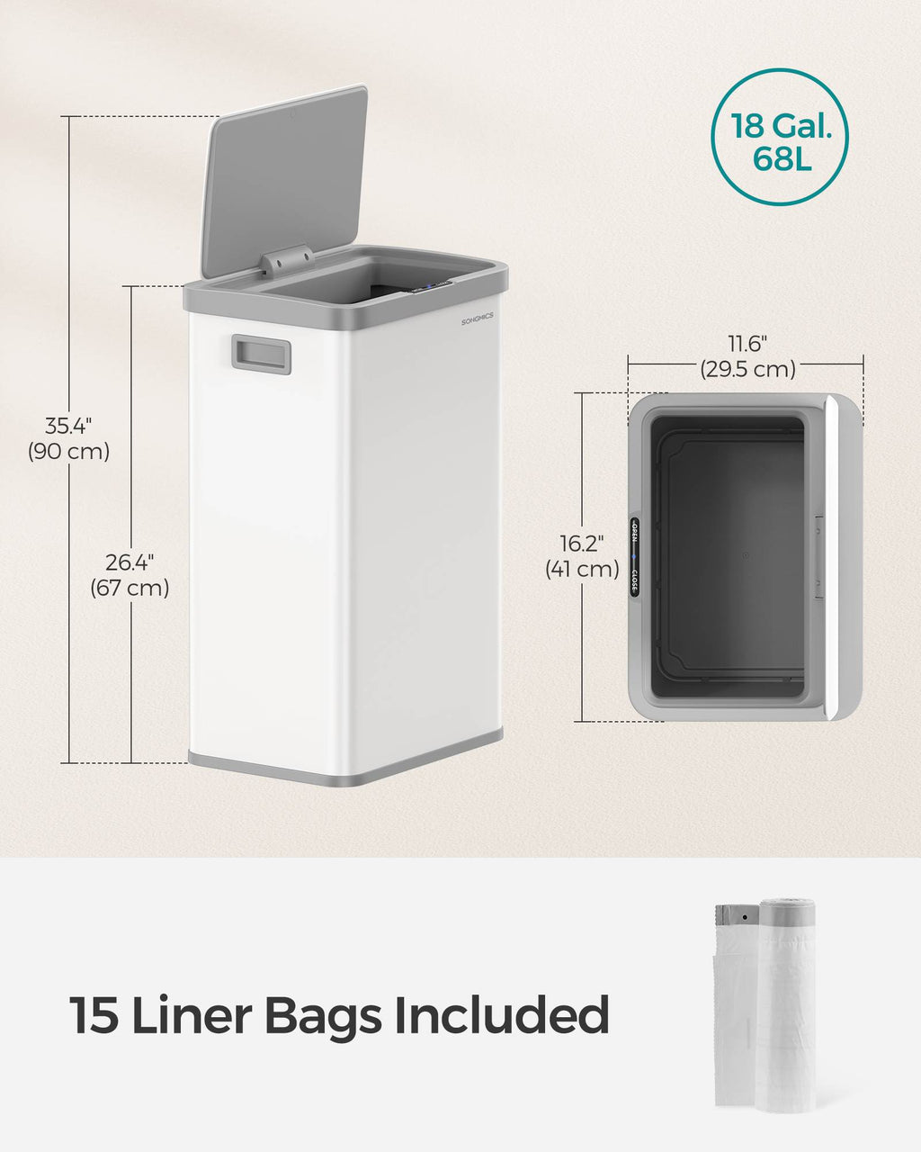 18-Gallon (68L) Automatic Kitchen Garbage Can with Stay-Open Lid