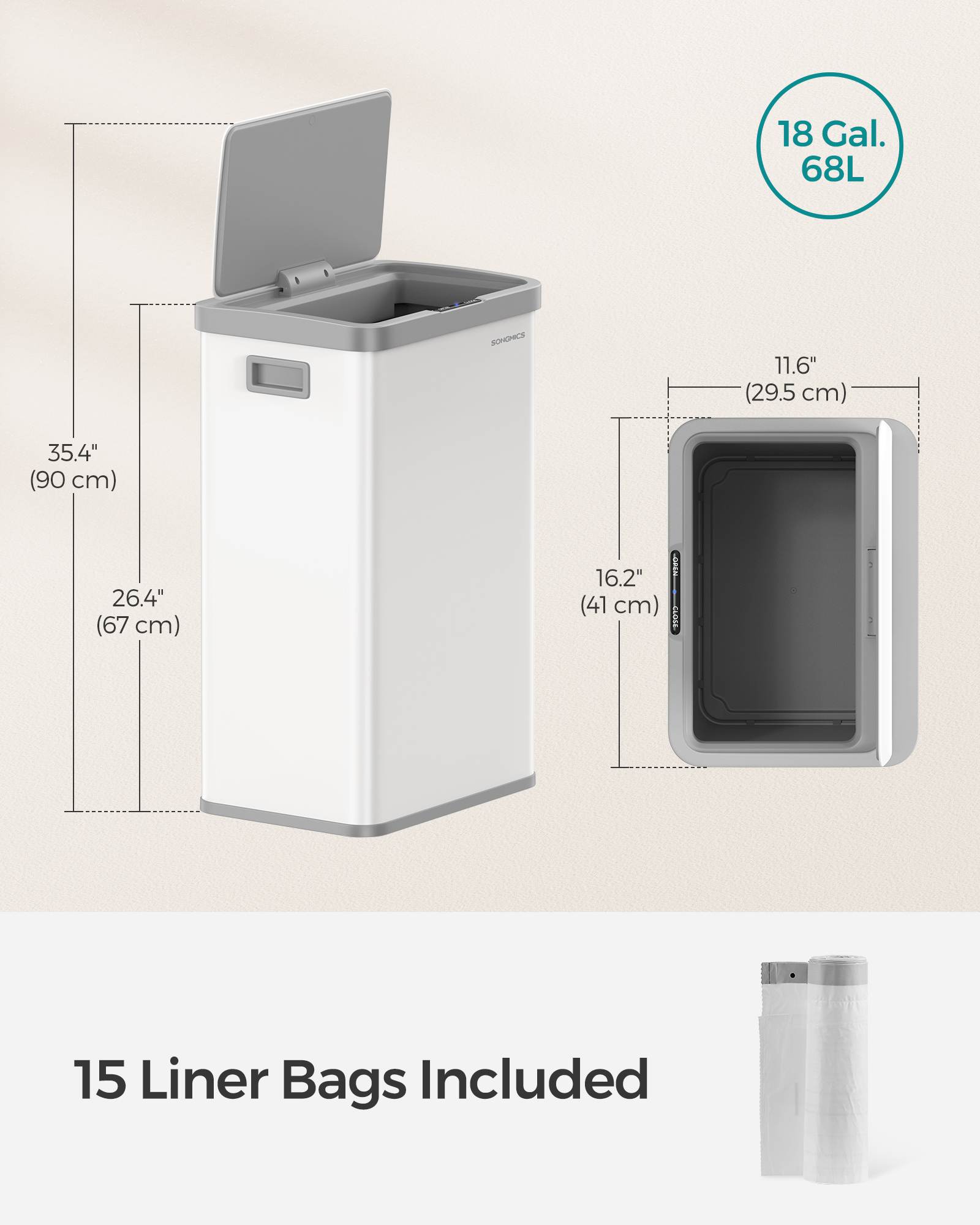 18-Gallon (68L) Automatic Kitchen Garbage Can with Stay-Open Lid