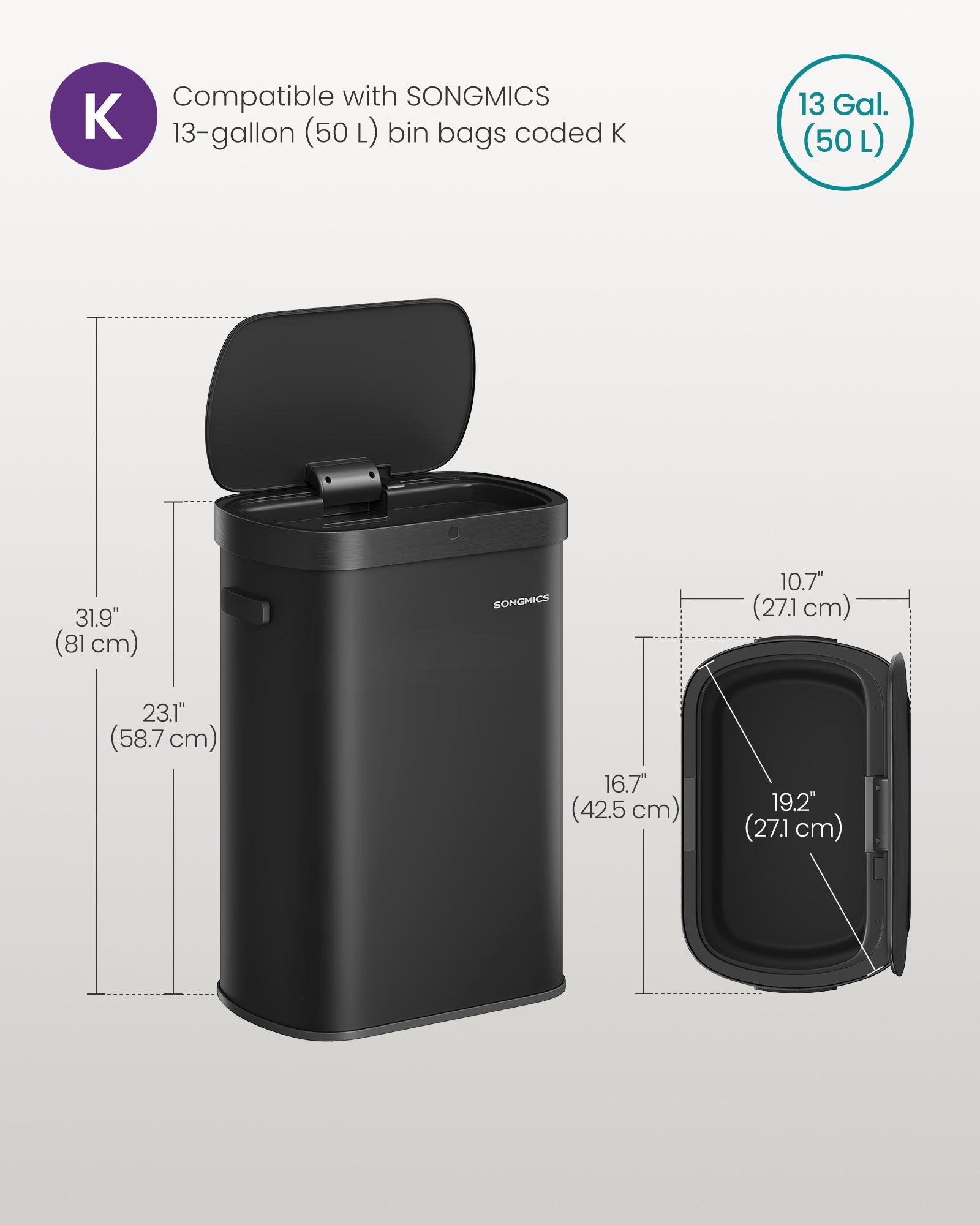 13-Gallon Motion Sensor Trash Can, Soft Close, Dual Open, Stainless Steel, Ink Black