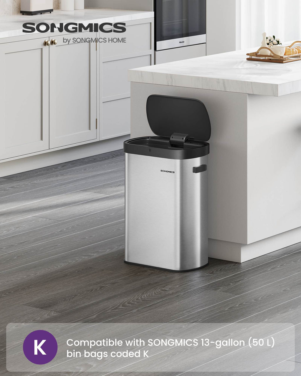 13-Gallon Motion Sensor Trash Can, Stainless Steel, Soft Close, Dual Open, Silver & Black