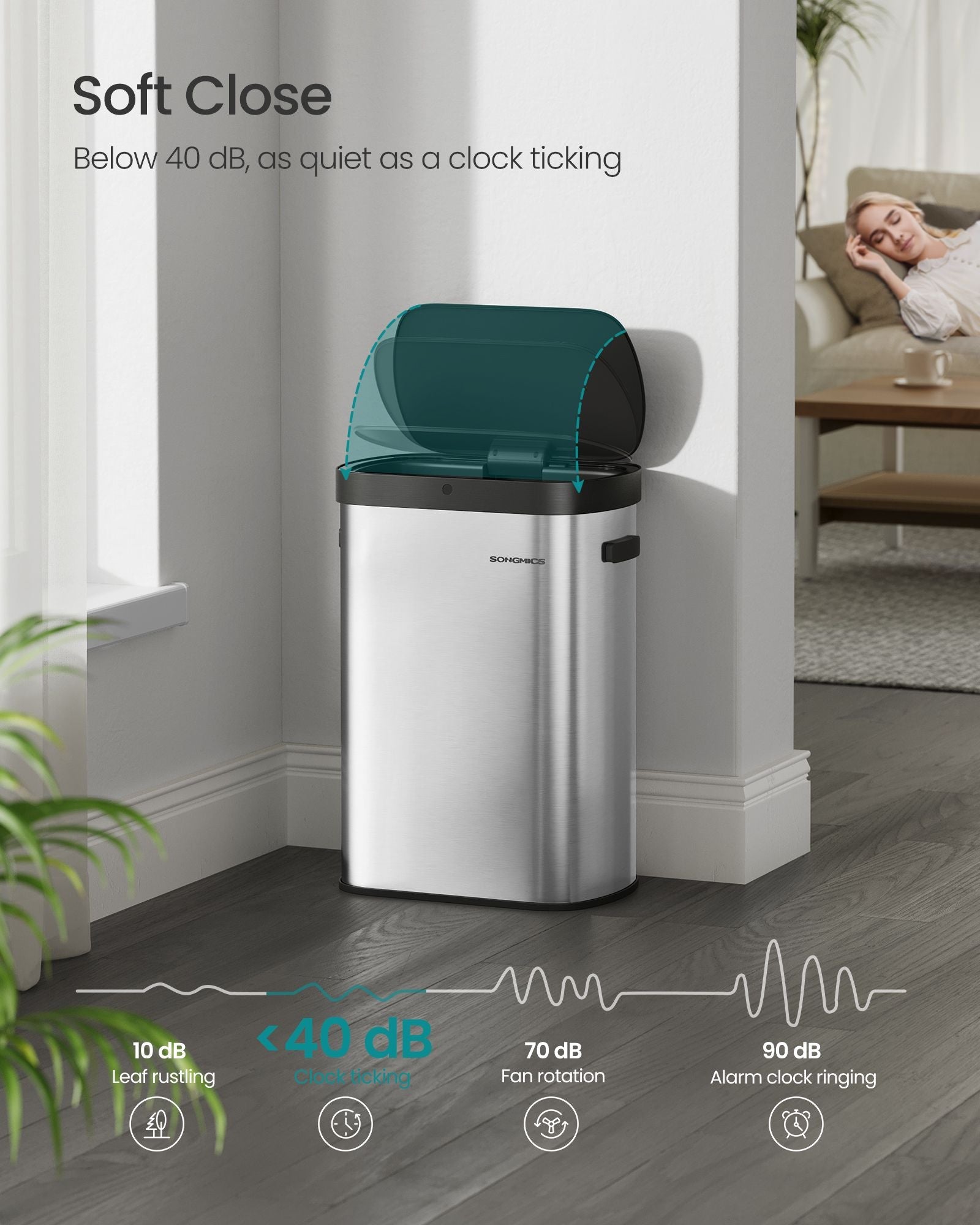 13-Gallon Motion Sensor Trash Can, Stainless Steel, Soft Close, Dual Open, Silver & Black