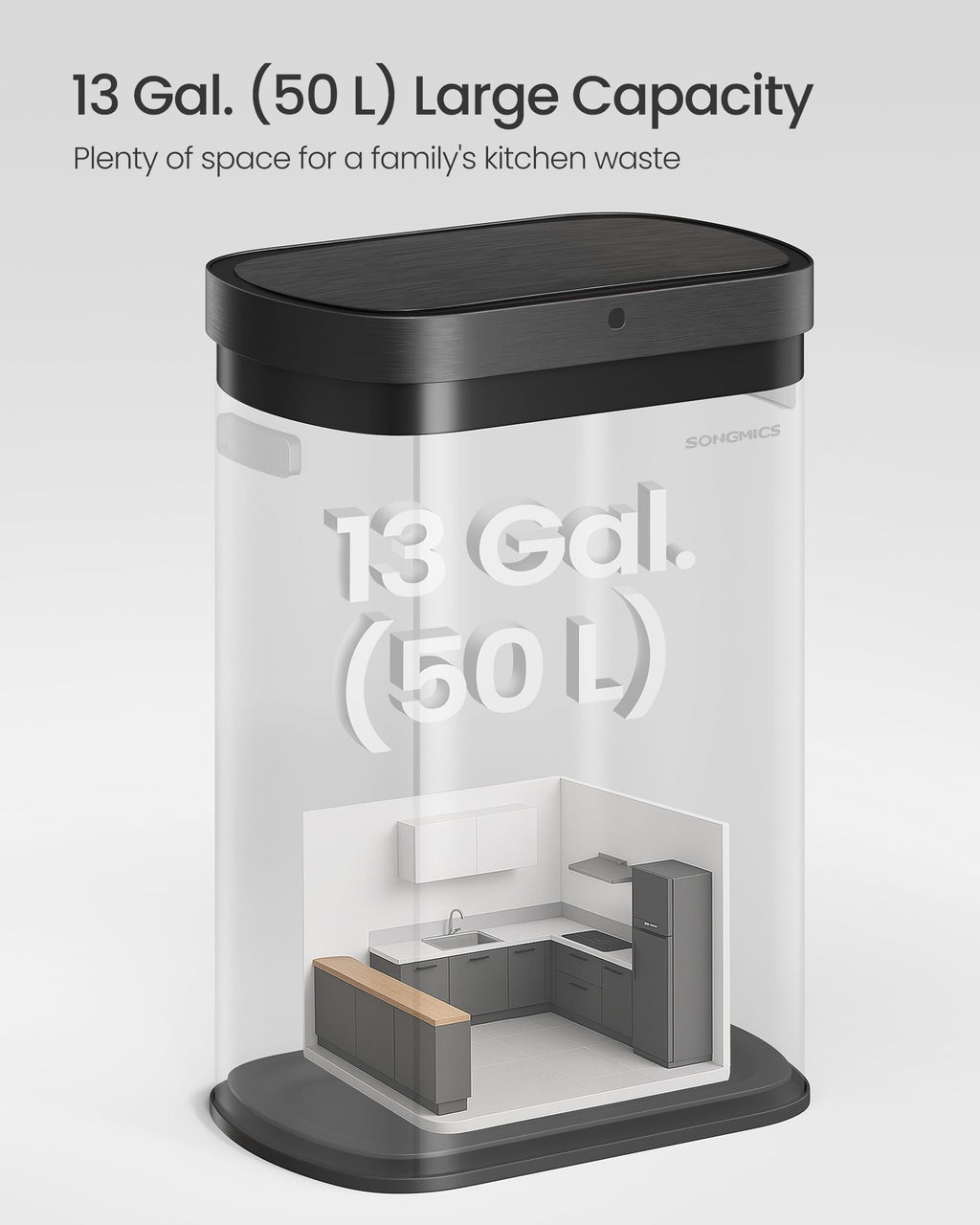 13-Gallon Motion Sensor Trash Can, Stainless Steel, Soft Close, Dual Open, Silver & Black