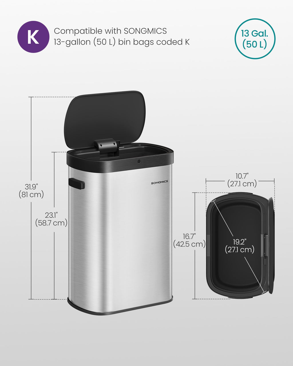 13-Gallon Motion Sensor Trash Can, Stainless Steel, Soft Close, Dual Open, Silver & Black