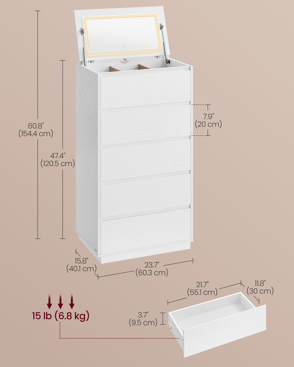 5-Drawer Dresser with Vanity Mirror and Lights