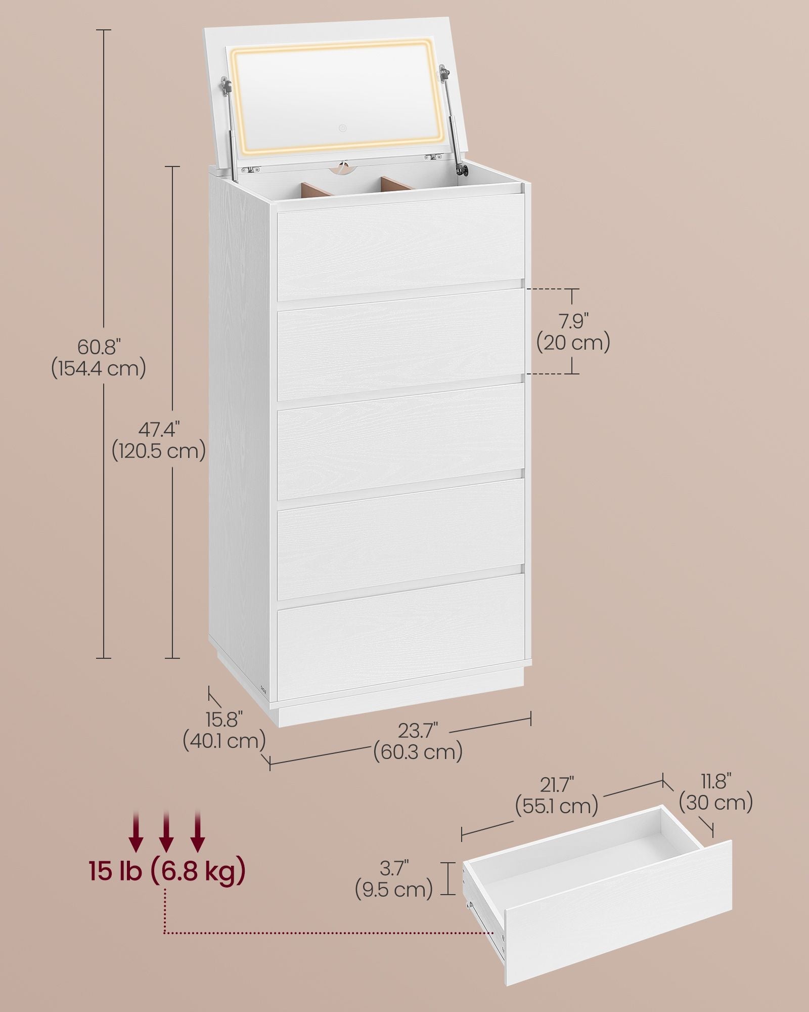 5-Drawer Dresser with Vanity Mirror and Lights