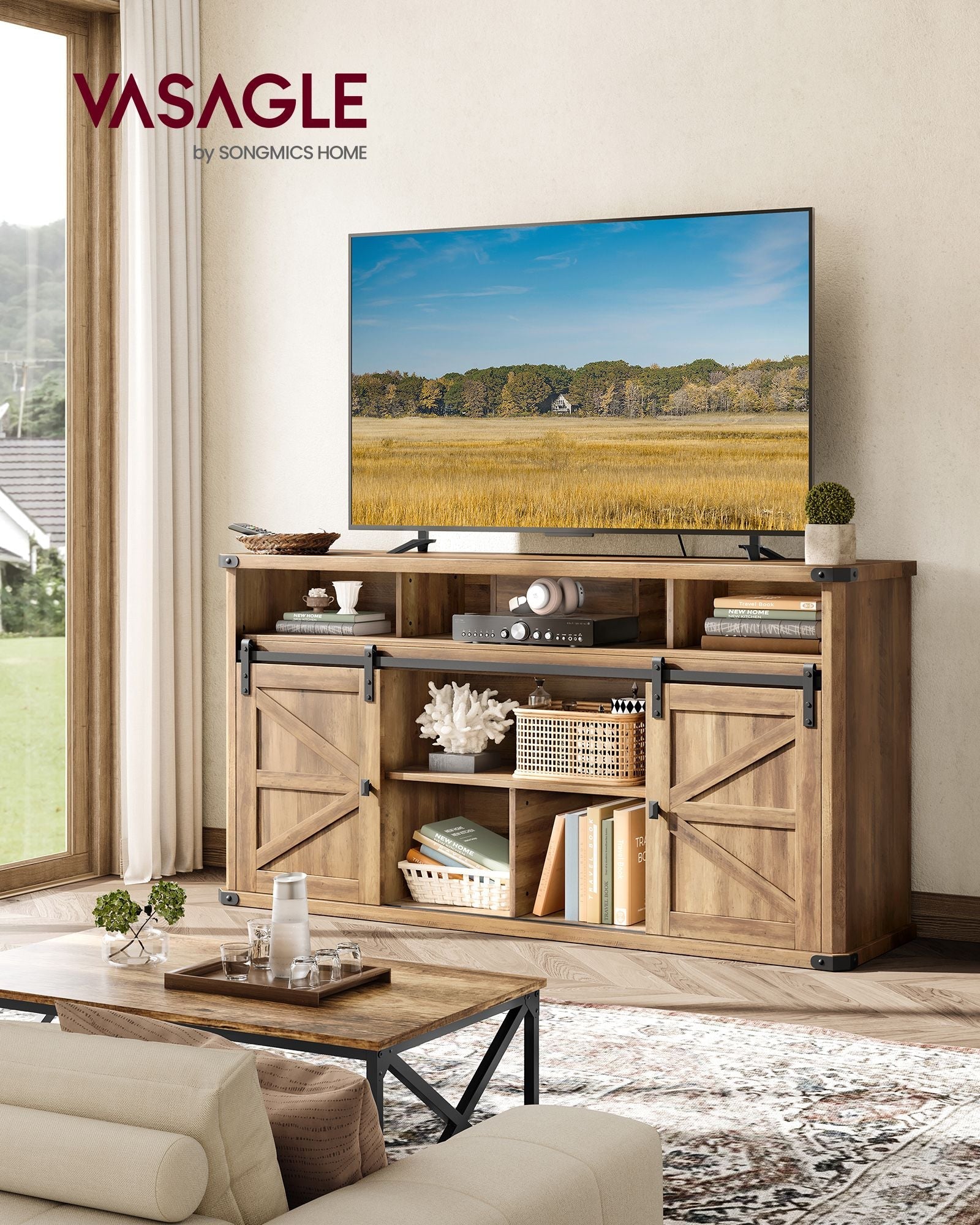 30" High TV Stand for TVs up to 75 Inches Honey Brown