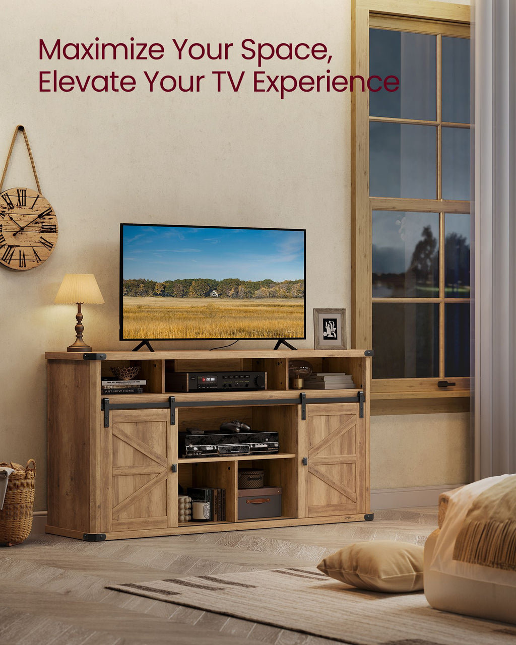 30" High TV Stand for TVs up to 75 Inches Honey Brown