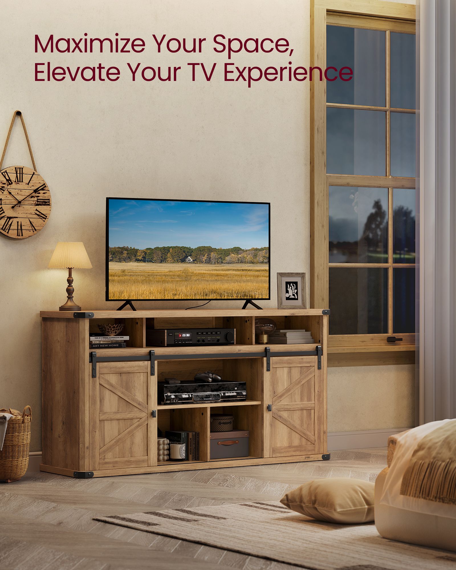 30" High TV Stand for TVs up to 75 Inches Honey Brown