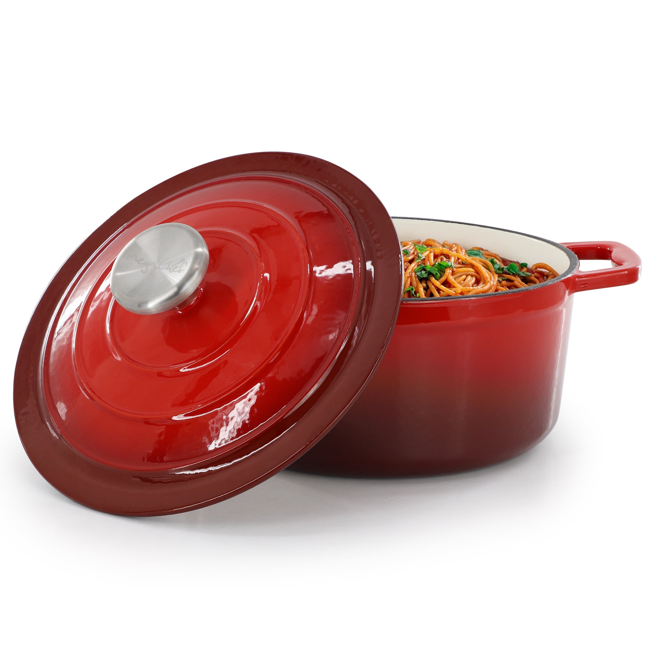 MegaChef 2.7 Quart Round Enameled Cast Iron Casserole in Gradient Red