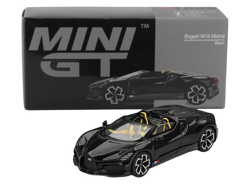 Bugatti W16 Mistral Black with Yellow Interior Limited Edition 1/64 Diecast Model Car by Mini GT