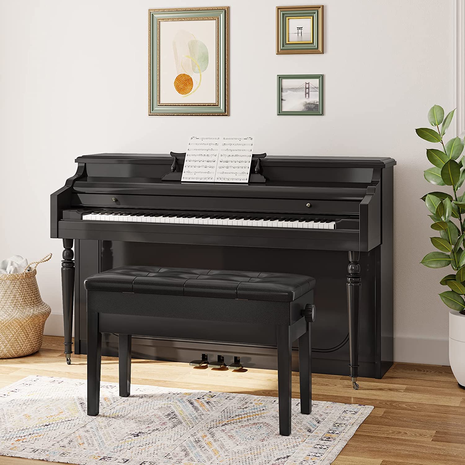 Adjustable Duet Piano Bench with Padded Cushion and Storage Compartment for Music Sheet, Music Bench