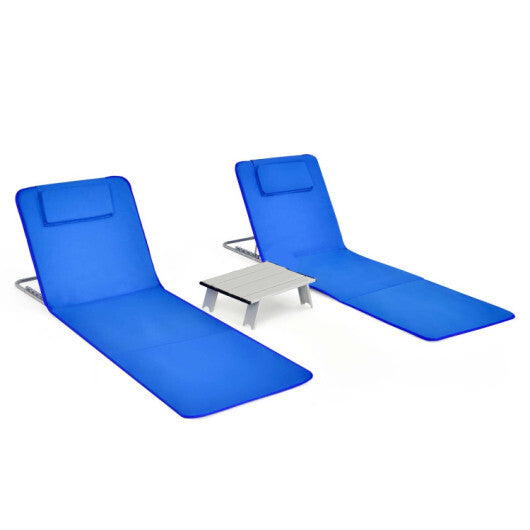 3 Pieces Beach Lounge Chair Mat Set 2 Adjustable Lounge Chairs with Table Stripe-Blue - Color: Blue