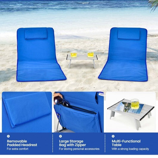 3 Pieces Beach Lounge Chair Mat Set 2 Adjustable Lounge Chairs with Table Stripe-Blue - Color: Blue