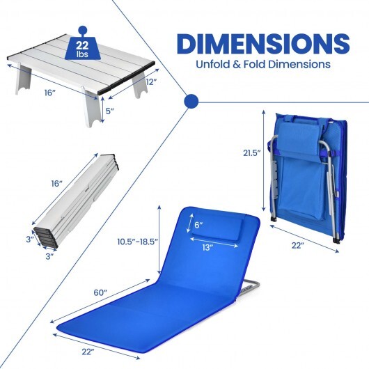 3 Pieces Beach Lounge Chair Mat Set 2 Adjustable Lounge Chairs with Table Stripe-Blue - Color: Blue