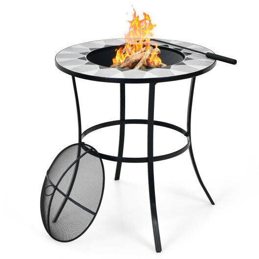 23.5 Inches Round Fire Pit Table with Mesh Cover and Fire Poker - Color: Black