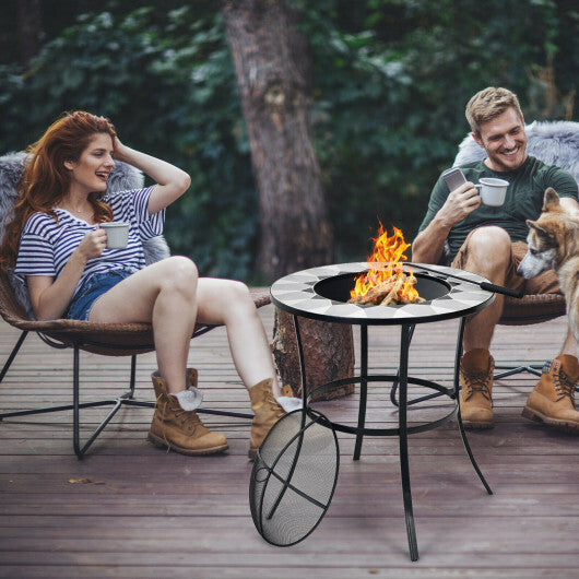 23.5 Inches Round Fire Pit Table with Mesh Cover and Fire Poker - Color: Black