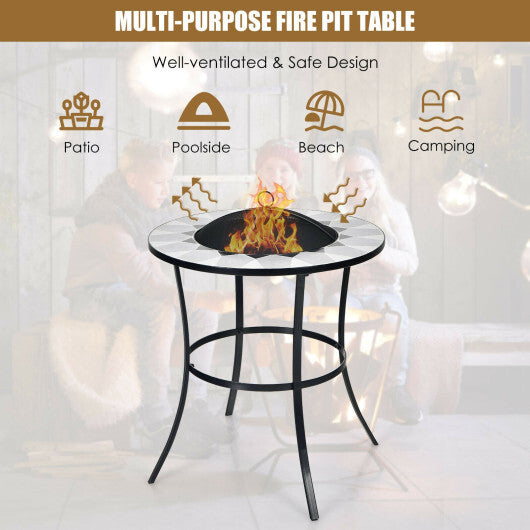 23.5 Inches Round Fire Pit Table with Mesh Cover and Fire Poker - Color: Black