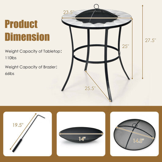 23.5 Inches Round Fire Pit Table with Mesh Cover and Fire Poker - Color: Black
