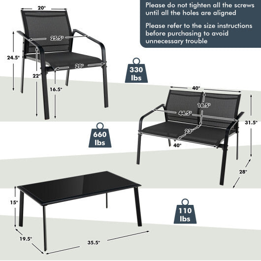 4 Pieces Patio Furniture Set with Armrest Loveseat Sofas and Glass Table Deck-Gray