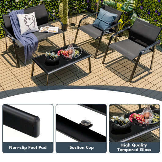4 Pieces Patio Furniture Set with Armrest Loveseat Sofas and Glass Table Deck-Gray