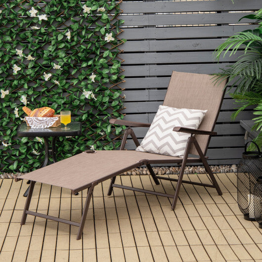 Patio Foldable Chaise Lounge Chair with Backrest and Footrest-Brown - Color: Brown