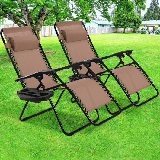 2 Pieces Folding Lounge Chair with Zero Gravity-Brown - Color: Brown