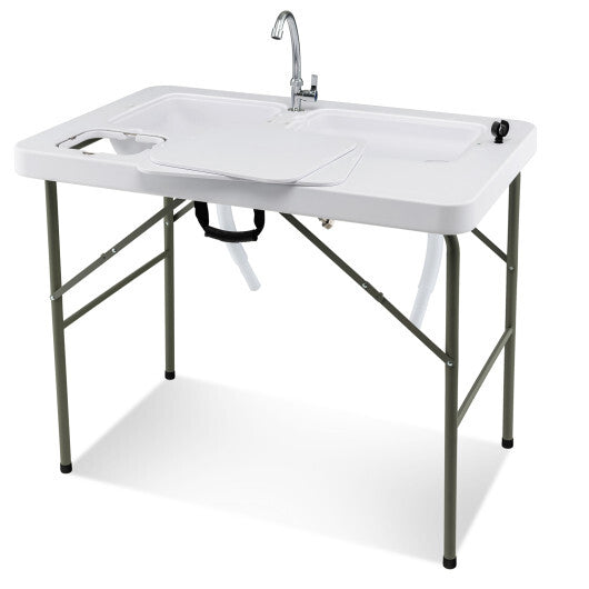 Fish Cleaning Table with 2 Sinks and 360 Rotatable Fauce-White
