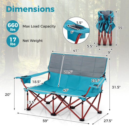 Oversized Camping Chair Folding Loveseat Camping Couch with Cup Holders & Thick Padding-Green