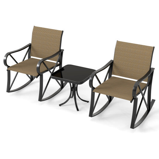 3 Piece Patio Rocking Set with Smooth Rocking Motion Outdoor Rocker Chair Bistro Set-Black