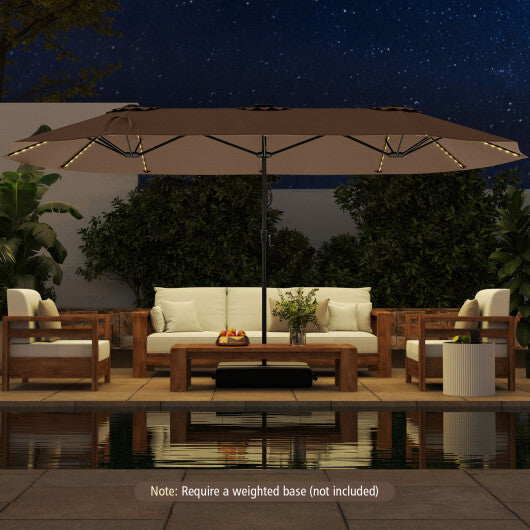 15.5 FT Extra-Large Patio Umbrella with LED Solar Lights and Crank Handle-Beige