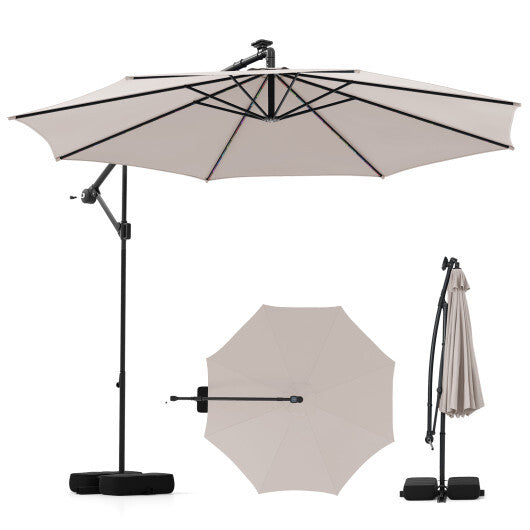 10 Feet Solar Offset Hanging Umbrella with Base and LED Lights-Turquoise