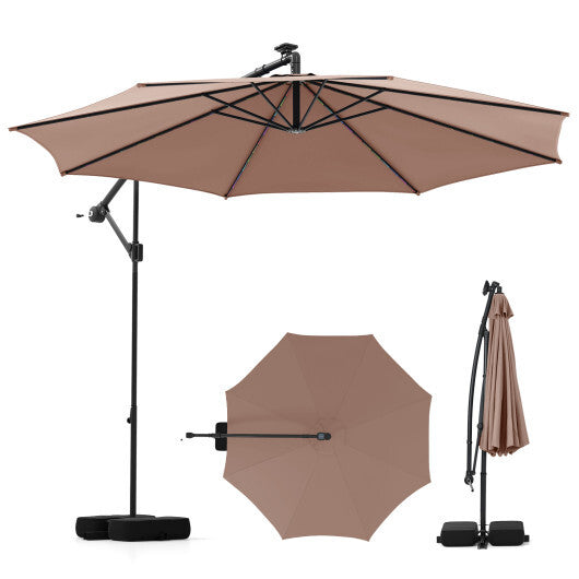 10 Feet Solar Offset Hanging Umbrella with Base and LED Lights-Turquoise