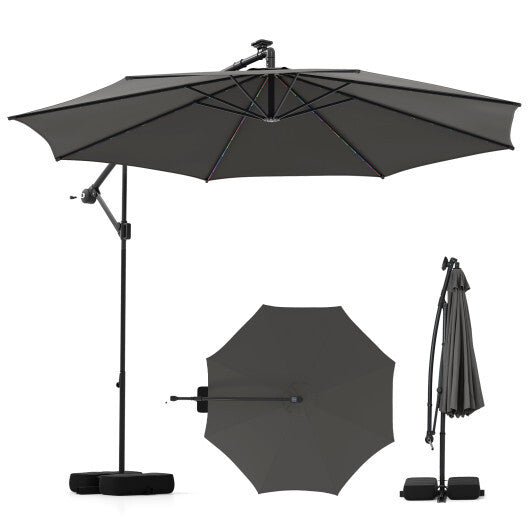10 Feet Solar Offset Hanging Umbrella with Base and LED Lights-Turquoise