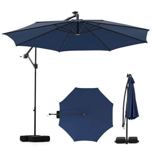 10 Feet Solar Offset Hanging Umbrella with Base and LED Lights-Turquoise