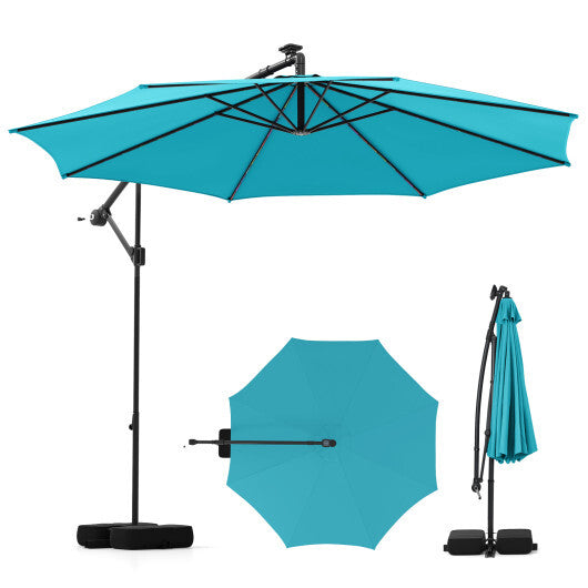 10 Feet Solar Offset Hanging Umbrella with Base and LED Lights-Turquoise