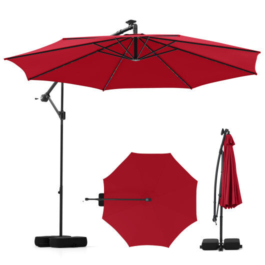 10 Feet Solar Offset Hanging Umbrella with Base and LED Lights-Turquoise