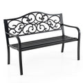 50 Inches Outdoor Cast Iron Metal Patio Bench with Floral Design Backrest and Slatted Seat-Black