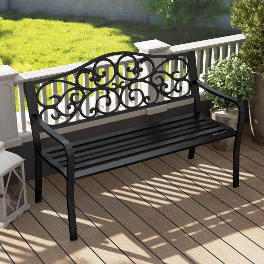 50 Inches Outdoor Cast Iron Metal Patio Bench with Floral Design Backrest and Slatted Seat-Black