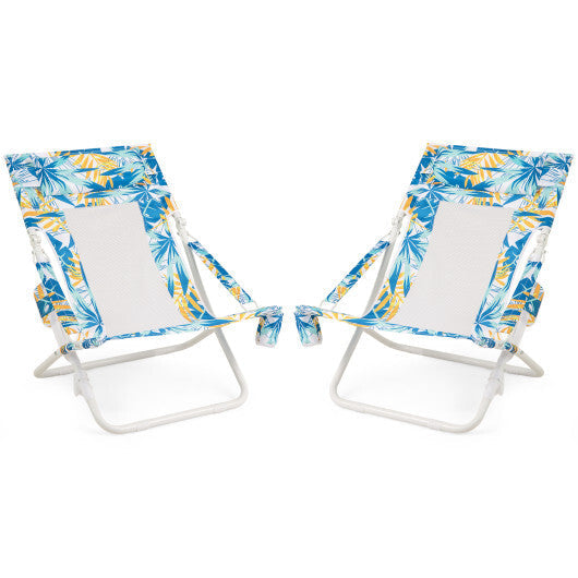 Folding Low Beach Chair Set of 2 Patio Sling Chairs with Padded Head Pillow-Blue
