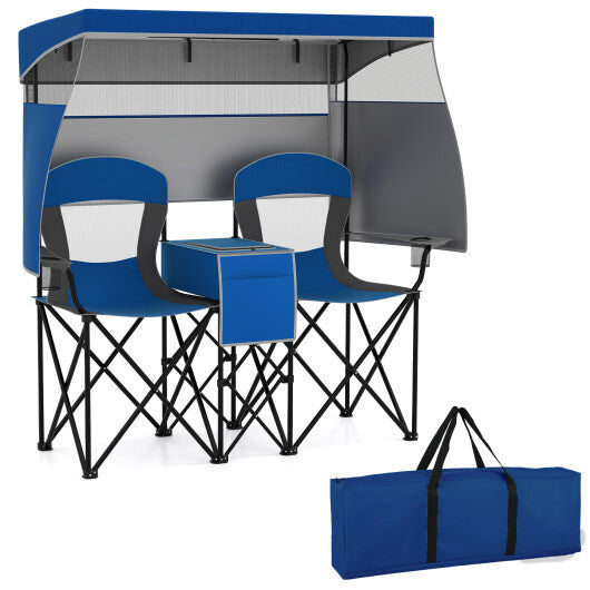 Double Beach Chair with Adjustable Canopy and 3 -Side Shading Curtains-Red