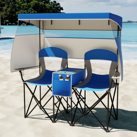 Double Beach Chair with Adjustable Canopy and 3 -Side Shading Curtains-Red
