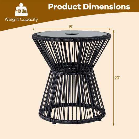 Outdoor Side Table with LED Warm Light and Tempered Glass Top-Black