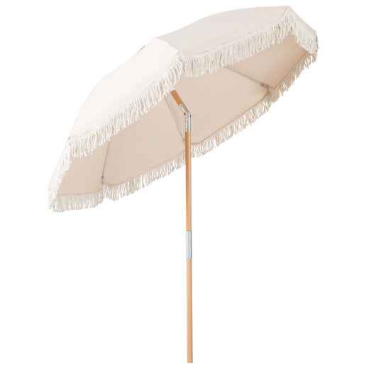 6 Feet Patio Umbrella with Fringe with Push Button Tilt and Wood Pole-White
