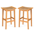 Outdoor Acacia Wood Bar Stools Set of 2 with PE Rattan Seats and Backrests