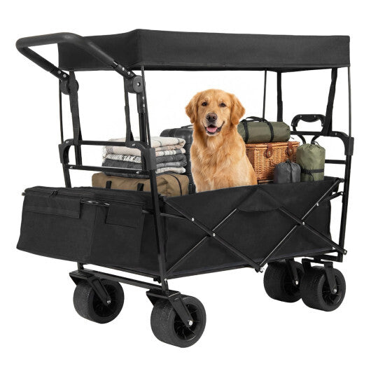 Collapsible Wagon with Removable Canopy and Adjustable Handles-Black